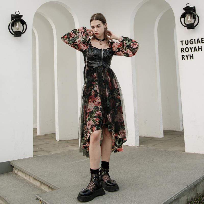 Women's Grunge Floral Irregular Long Sleeved Chiffon Dress