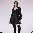 Women's Grunge Floral Printed Bud Hem Black Dress