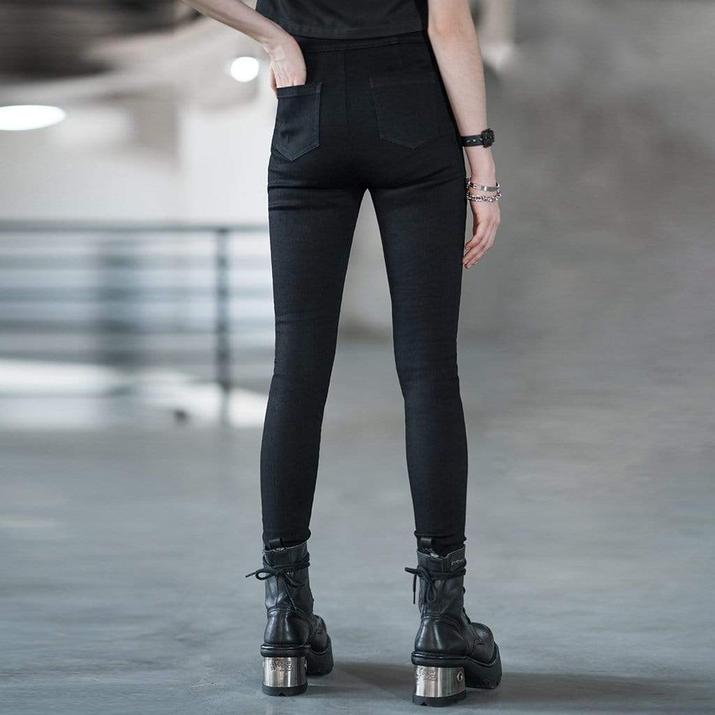 Women's Grunge Front Zip Black Skinny Jeans
