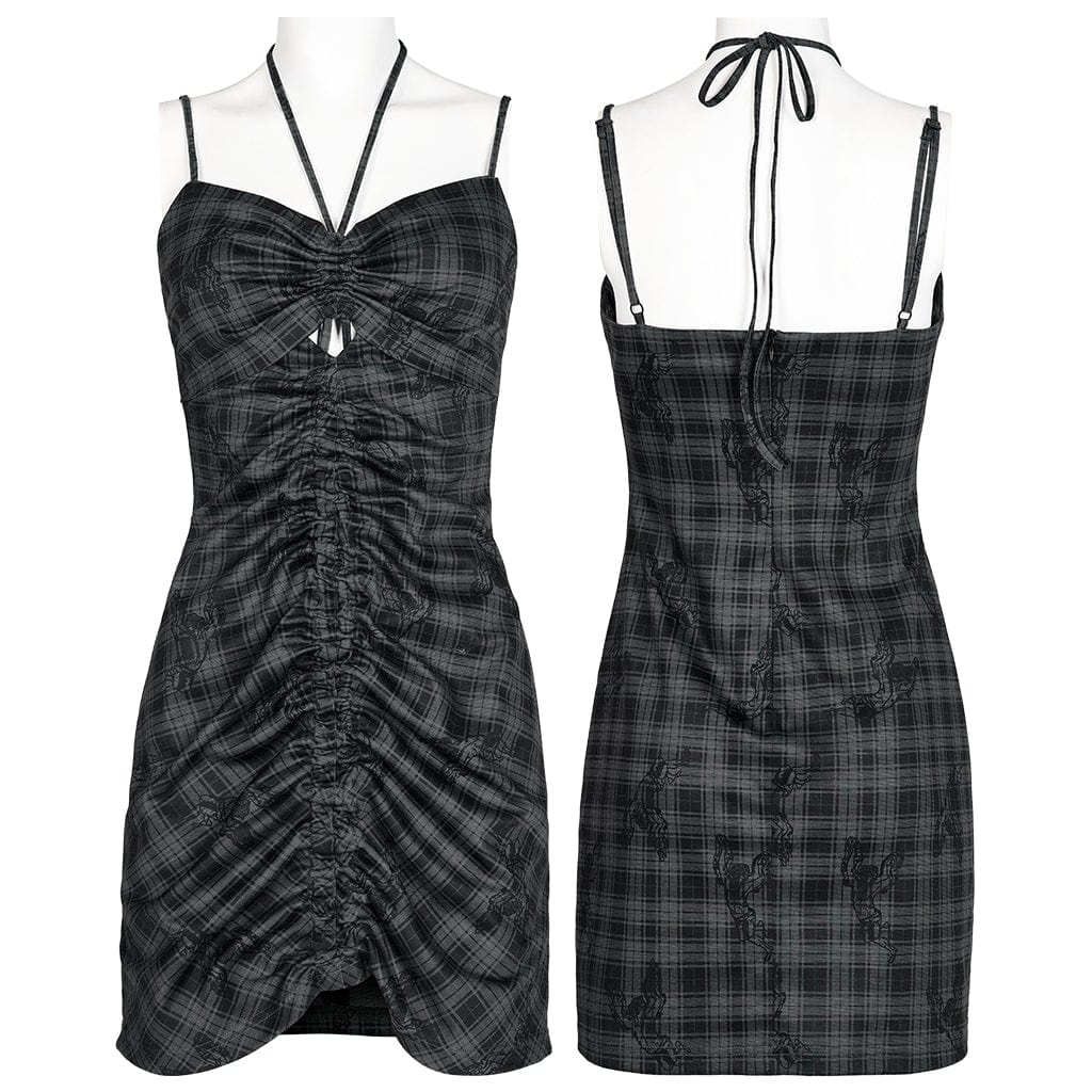 PR-A Women's Grunge Halterneck Plaid Slip Dress