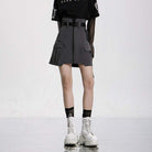 Women's Grunge High-waisted Black A-line Short Skirt with Belt