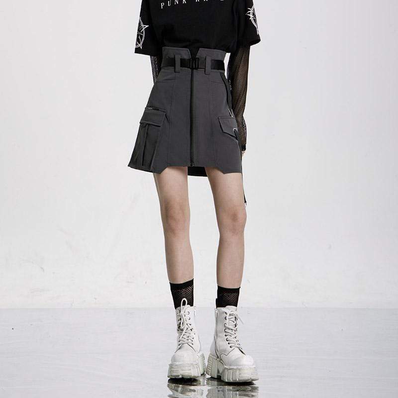 Women's Grunge High-waisted Black A-line Short Skirt with Belt