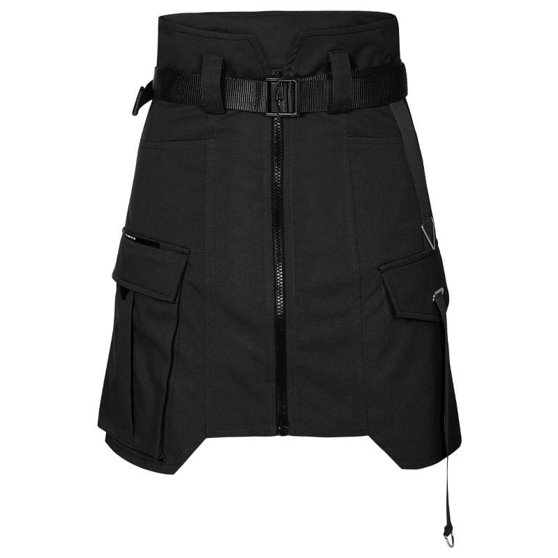 Women's Grunge High-waisted Black A-line Short Skirt with Belt