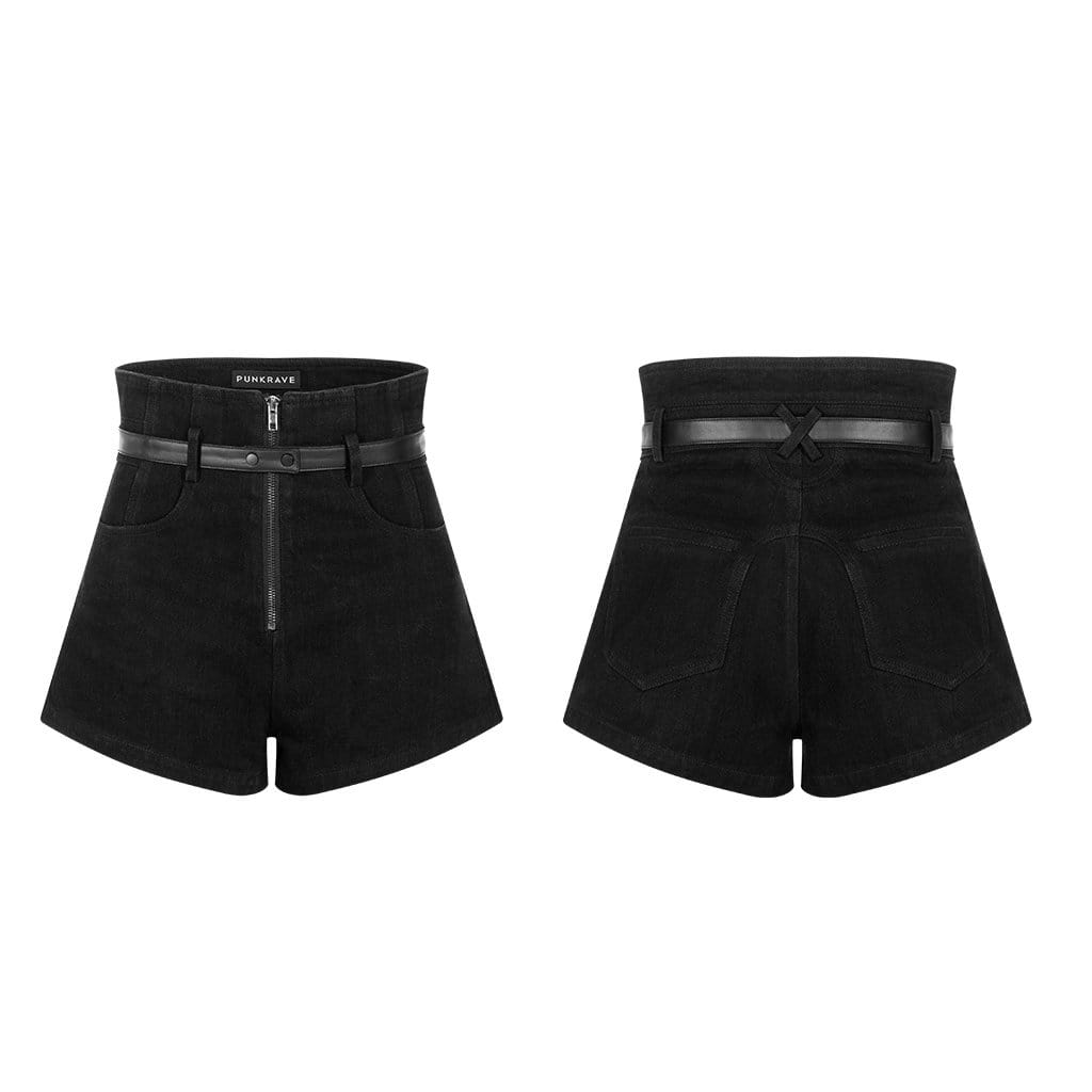 Women's Grunge High-Waisted Front Zip Black Shorts with Belt