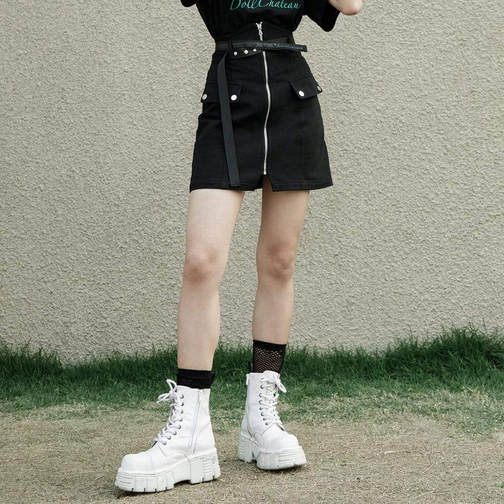 Women's Grunge High-Waisted Front Zip Denim Skirts with Belt