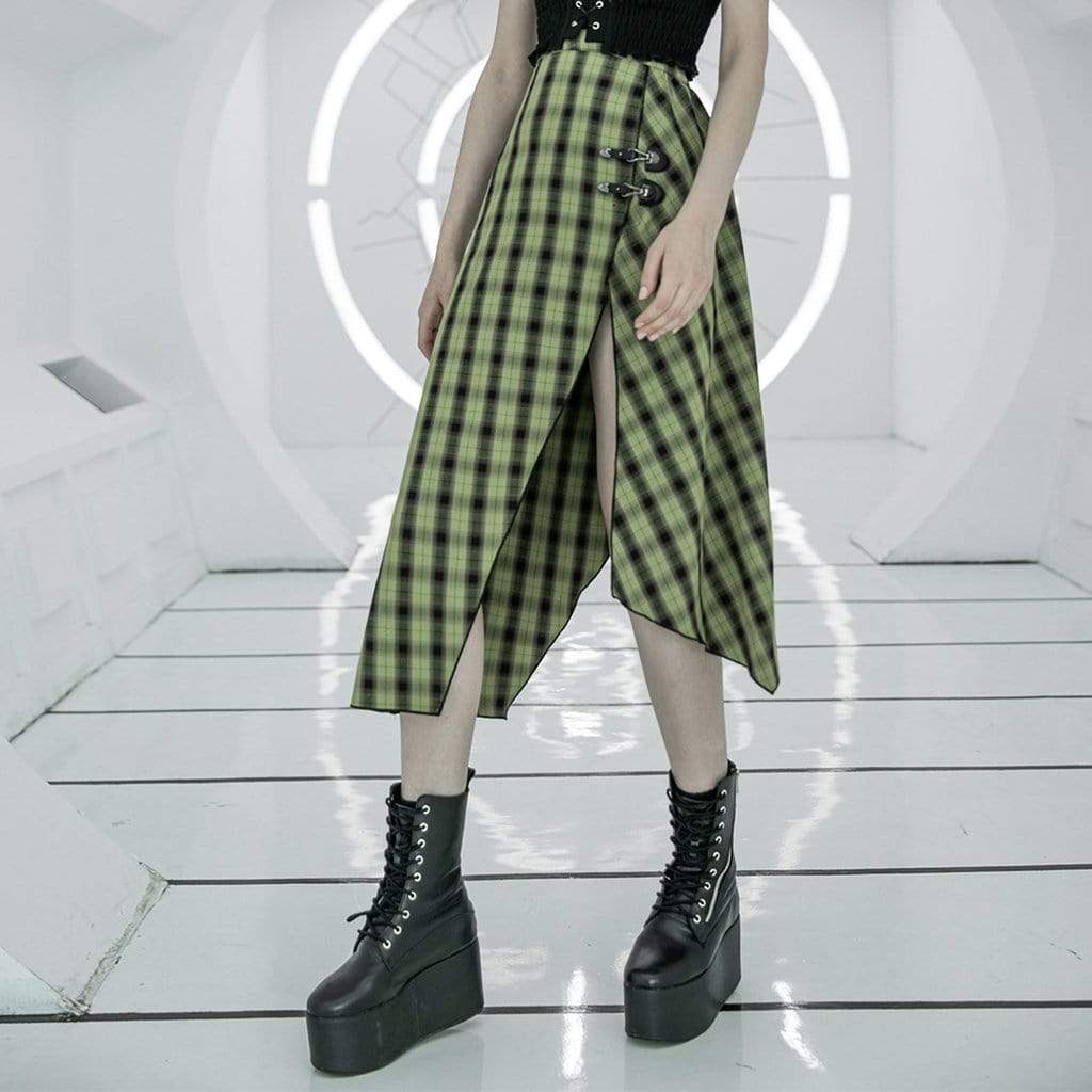 Women's Grunge High-waisted Green Plaid Side Slit Irrgular Skirts
