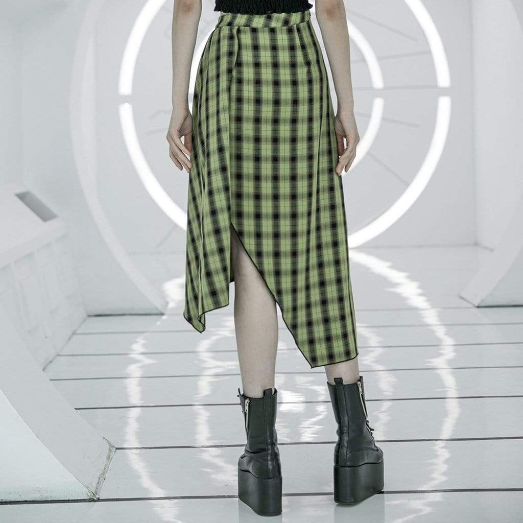 Women's Grunge High-waisted Green Plaid Side Slit Irrgular Skirts
