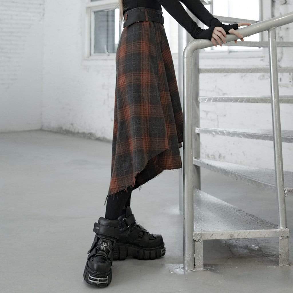 Women's Grunge High-Waisted Plaid Irrgular Skirt with Belt