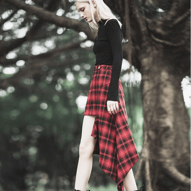 Women's Grunge High-waisted Red Plaid Irregular Skirt