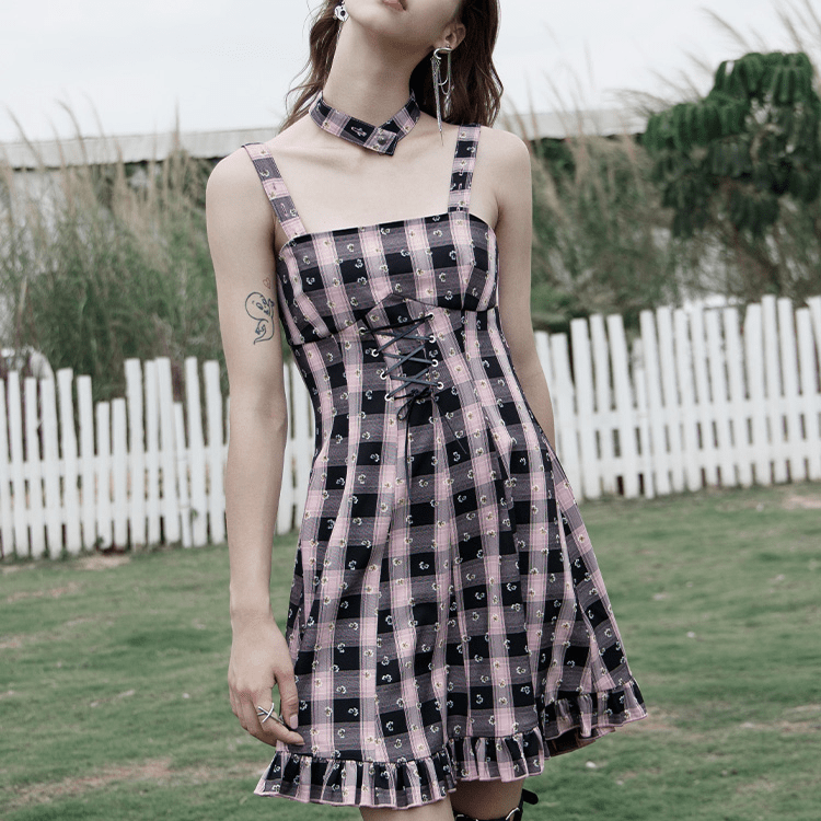 Gothic lace up 2025 waist plaid irregular dress