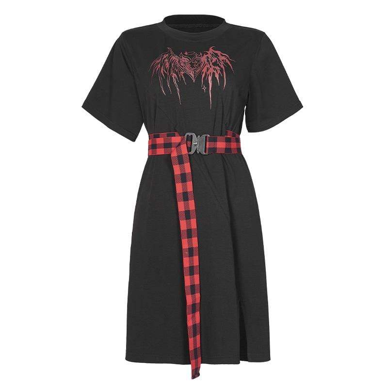 Women's Grunge Love Heart Printed Black Shirt Dresses with Red Plaid Belts