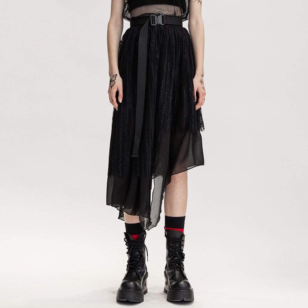 Women's Grunge Multilayer Irrgular Hem Lace Skirt with Belt