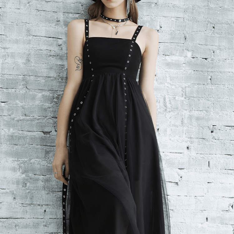 Women's Grunge Plaid High-waisted Irregular Hem Black Slip Dress