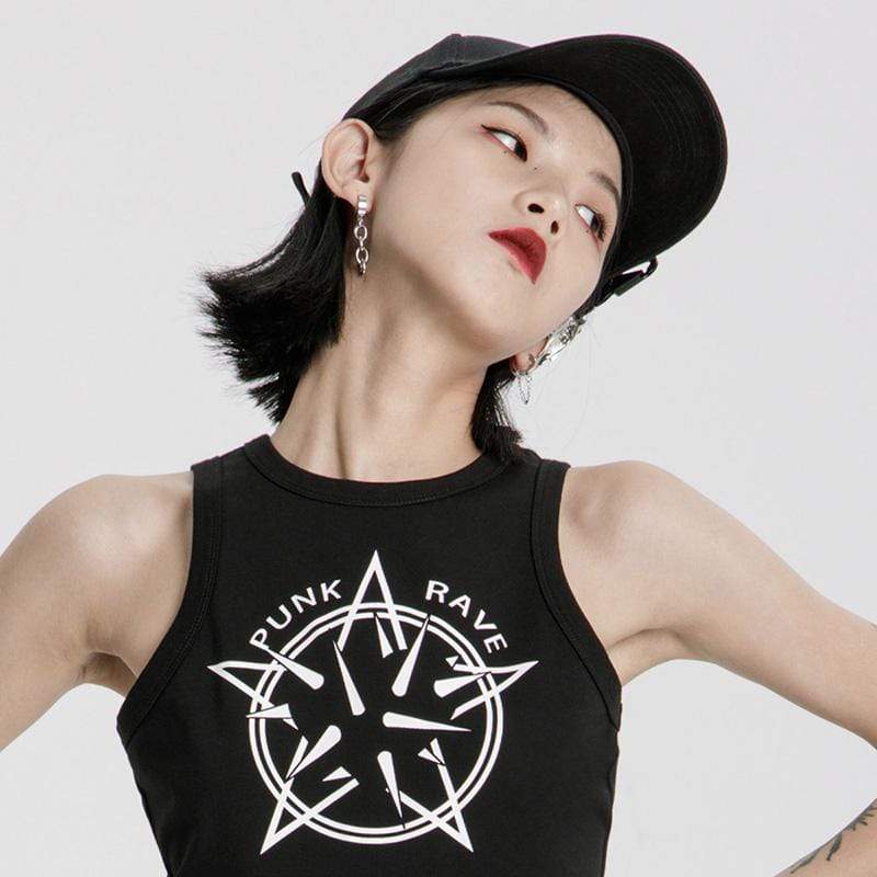 Women's Grunge Printed Slim Fitted Black Tank Tops