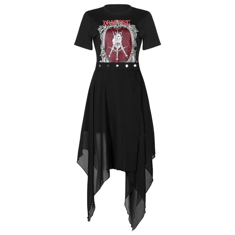 Women's Grunge Punk Rave Printed A-line Tee Dresses with Irregular Chiffon Skirts