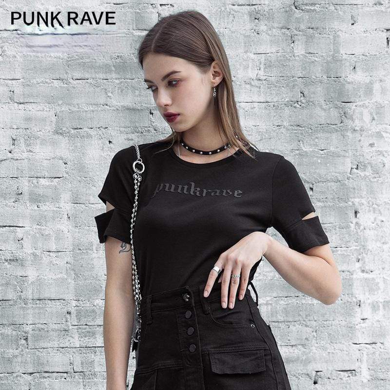 Women's Grunge Punk Rave Printed Cutout Sleeved Crop Top Tees