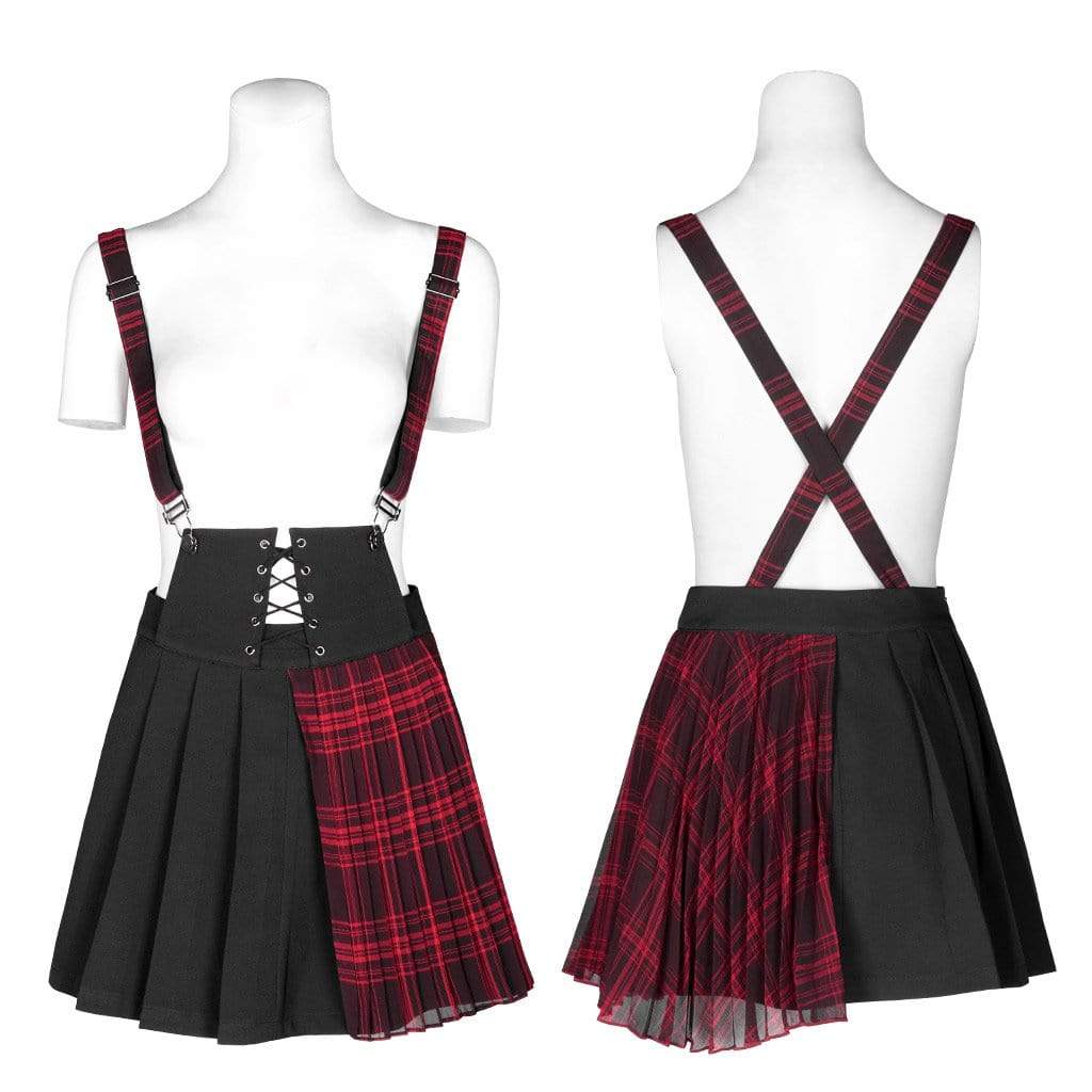 Women's Grunge Red Plaid Suspender Pleated Skirt
