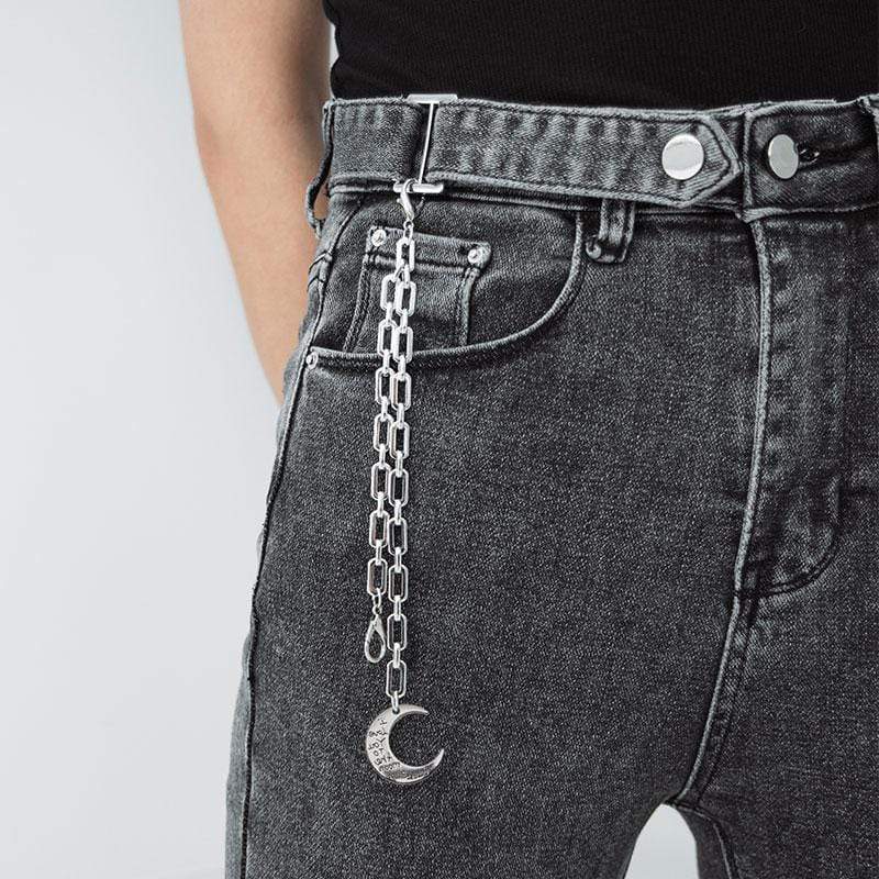 Women's Grunge Ripped Grey Skinny Jeans with Moon Chain