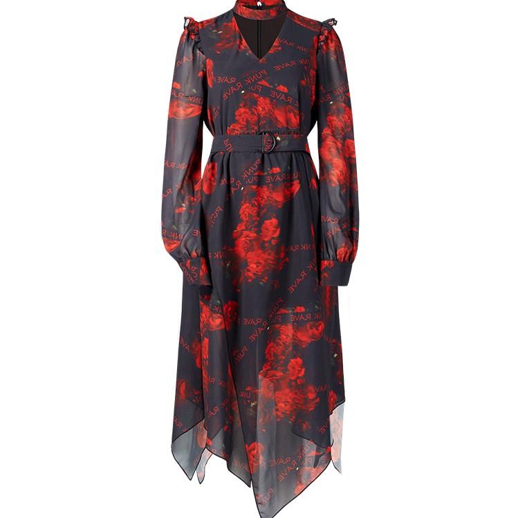 Women's Grunge Rose Printed Plunging Chiffon Dress