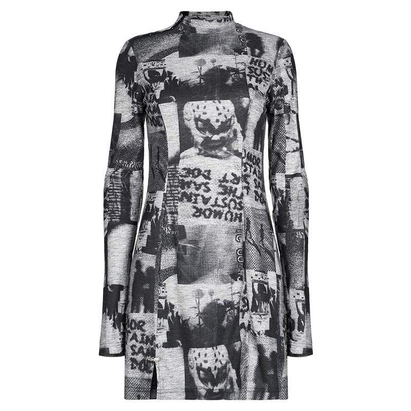 PR-A Women's Grunge Shadowy Printed Side Slit Dress