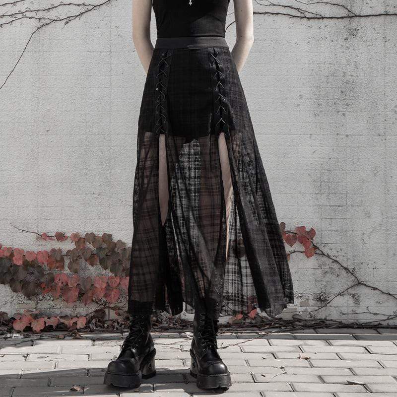 Women's Grunge Side Slit Lacing Plaid Chiffon Maxi Skirts