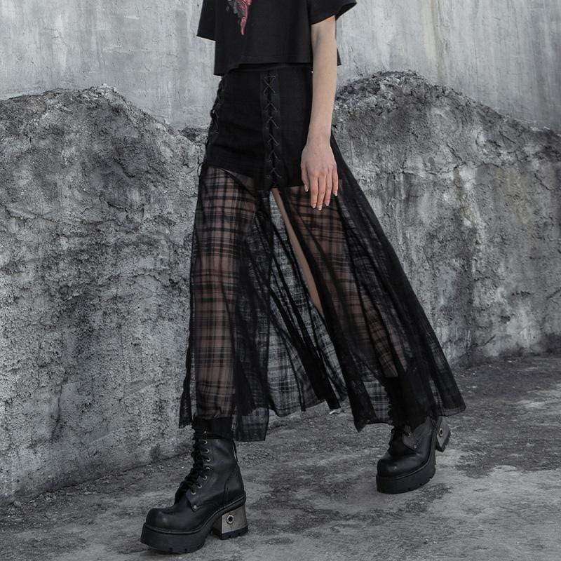 Women's Grunge Side Slit Lacing Plaid Chiffon Maxi Skirts