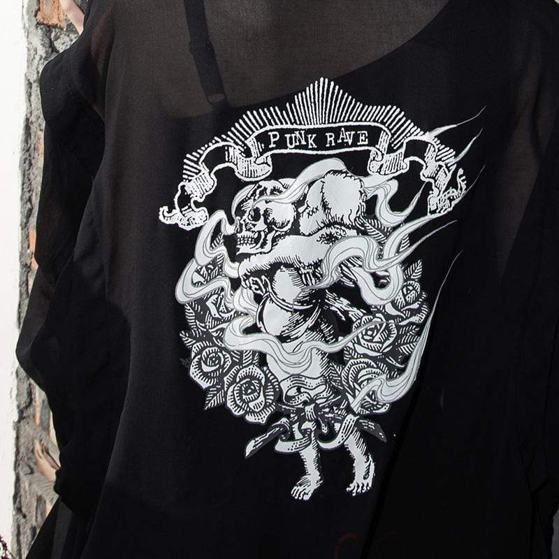 Women's Grunge Skull Printed Black Chiffon Long Cape with Hood