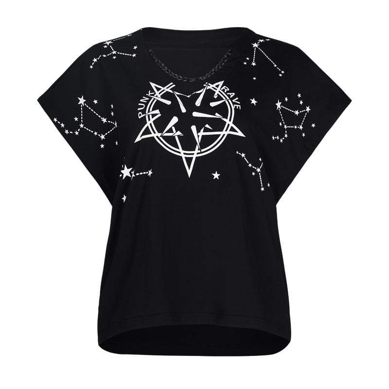 Women's Grunge Moon Printed V-neck Loose Short Sleeved T-shirt