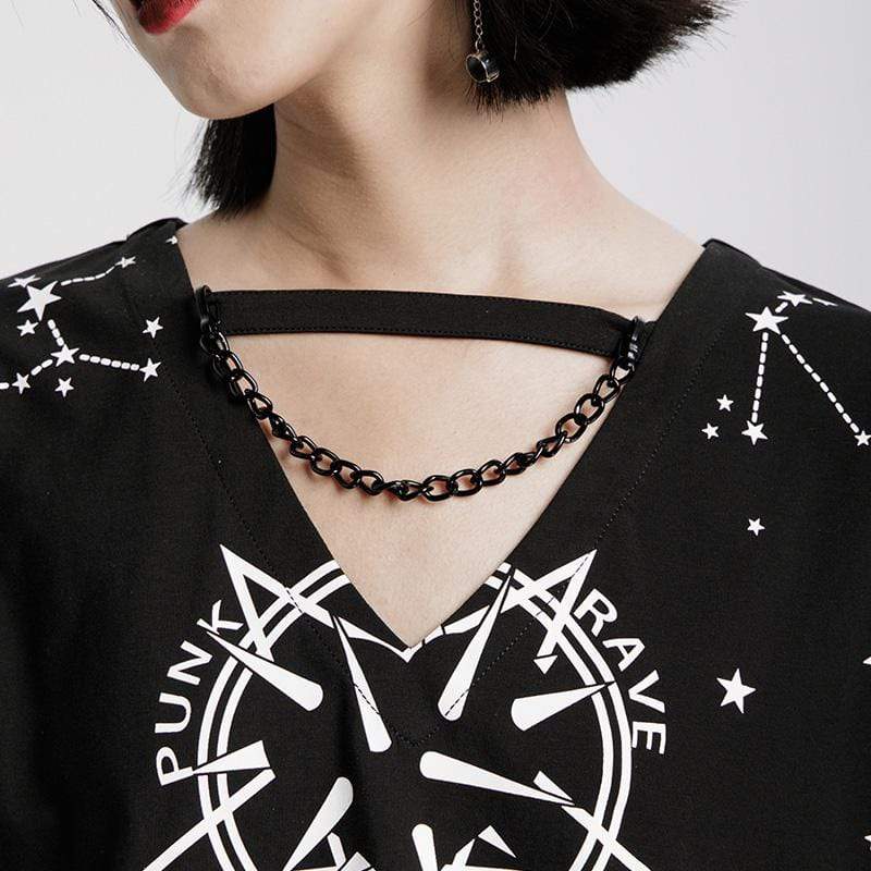 Women's Grunge Moon Printed V-neck Loose Short Sleeved T-shirt