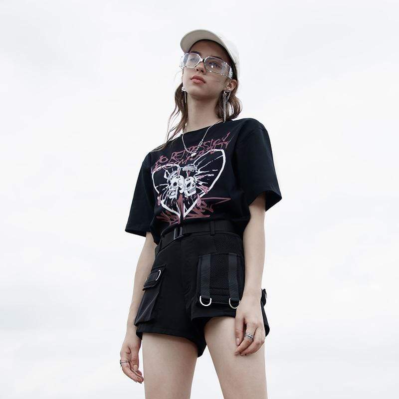 Women's Grunge Skull Printed Loose Short Sleeved T-shirt