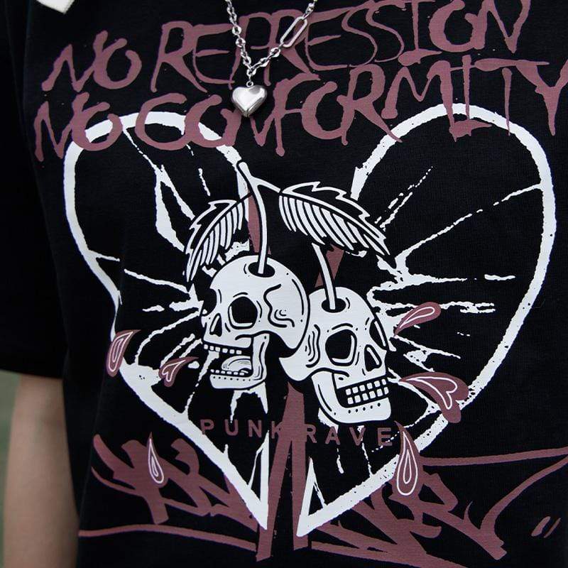 Women's Grunge Skull Printed Loose Short Sleeved T-shirt