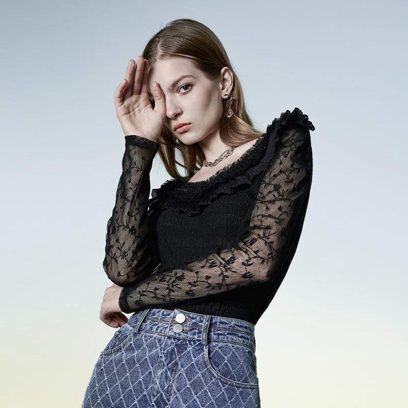 Women's Grunge Slim Fitted Lace Black Shirts