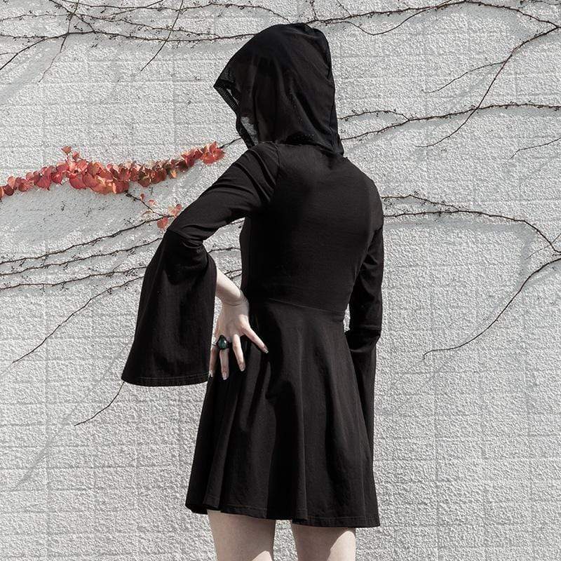 Women's Grunge Snake Printed Slit Puff Sleeved Black Little Dresses with Hood