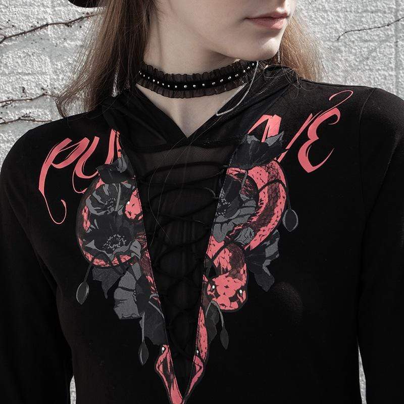 Women's Grunge Snake Printed Slit Puff Sleeved Black Little Dresses with Hood