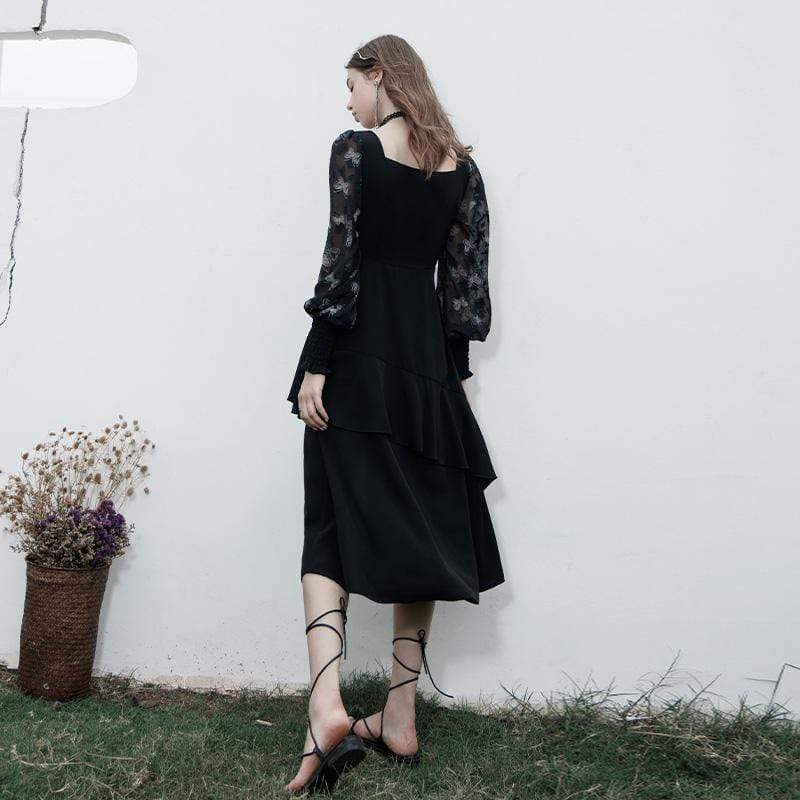 Women's Grunge Square-cut Collar Irregular Black Long Sleeved Dresses