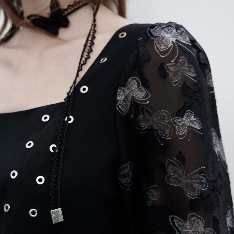 Women's Grunge Square-cut Collar Irregular Black Long Sleeved Dresses