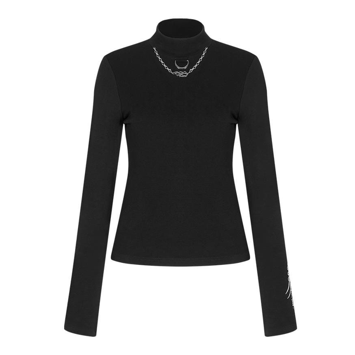 Women's Grunge Stand Collar Long Sleeved Fitted T-shirts With Necklace