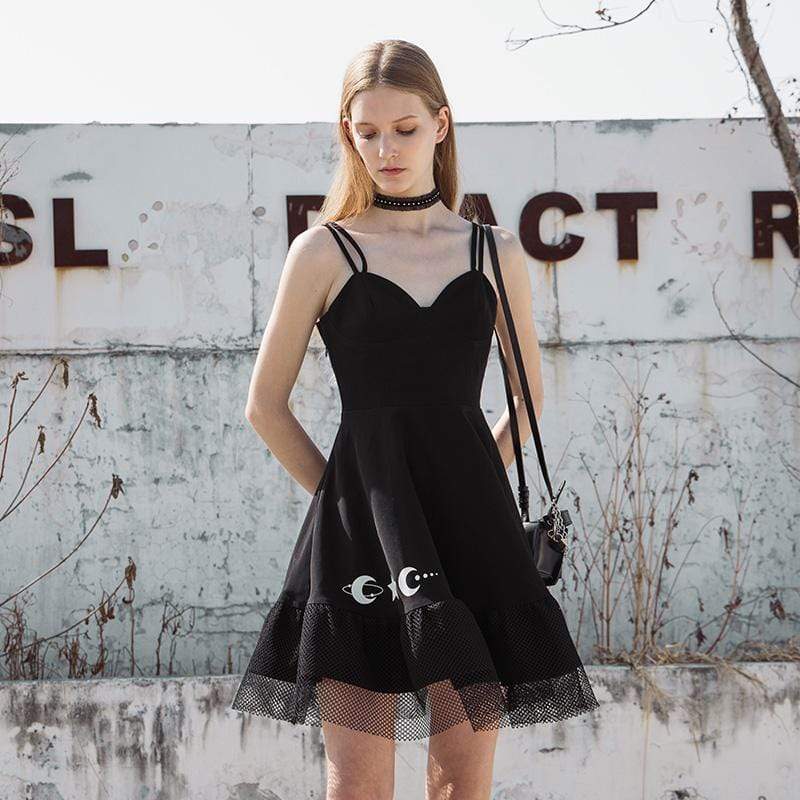 Women's Grunge Star Moon Printed Mesh Hem Black Slip Dresses