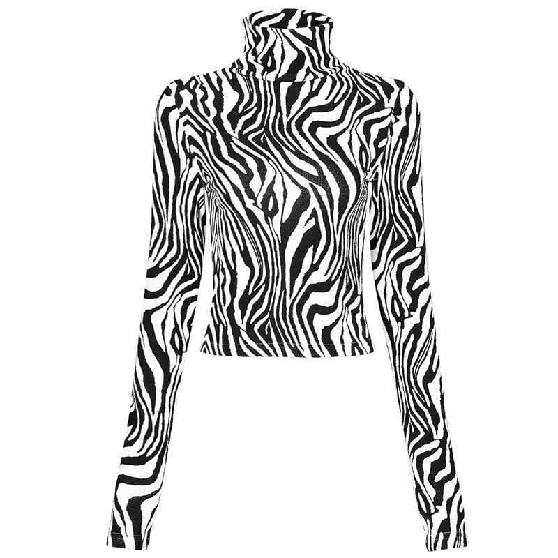 PR-A Women's Grunge Turtleneck Zebra Shirt
