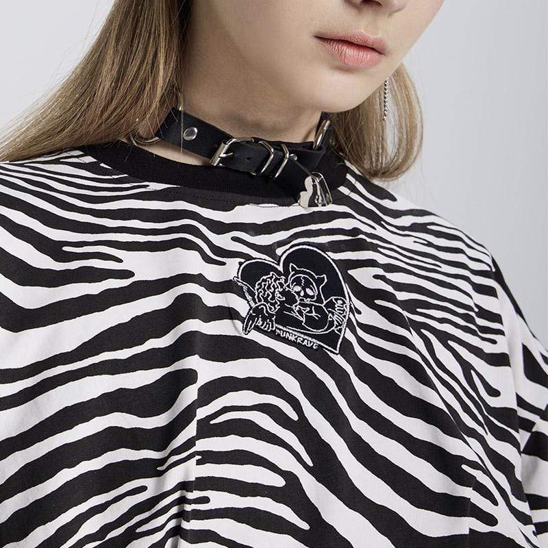Women's Grunge Zebra Printed High-waisted Black Short Sleeved T-shirt