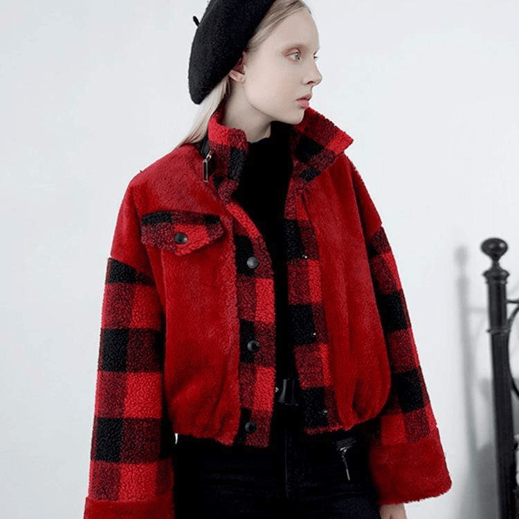 Women's High Neck Trumpet Sleeved Plaid Pola Fleece Jackets With Neck Strap