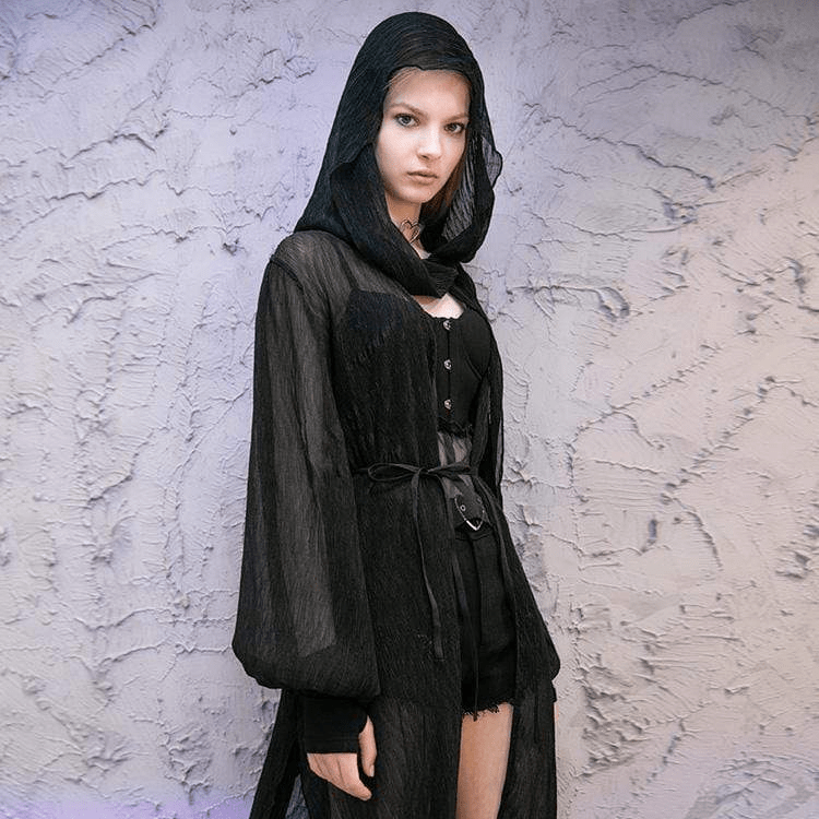 Women's Hooded Bubble Sleeved Sheer Long Cloaks With Scarve