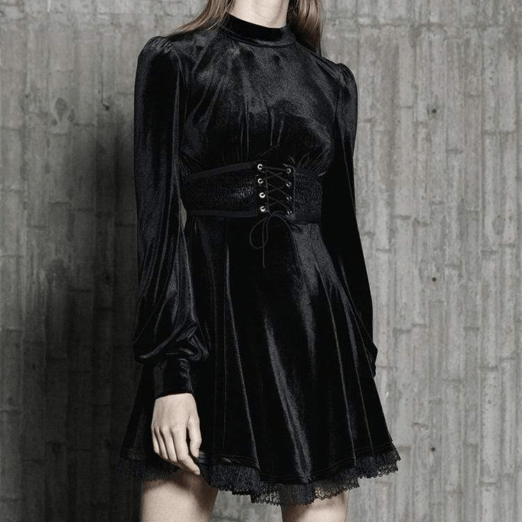 Women's Lace-up Puff Sleeved Velvet Dresses – Punk Design
