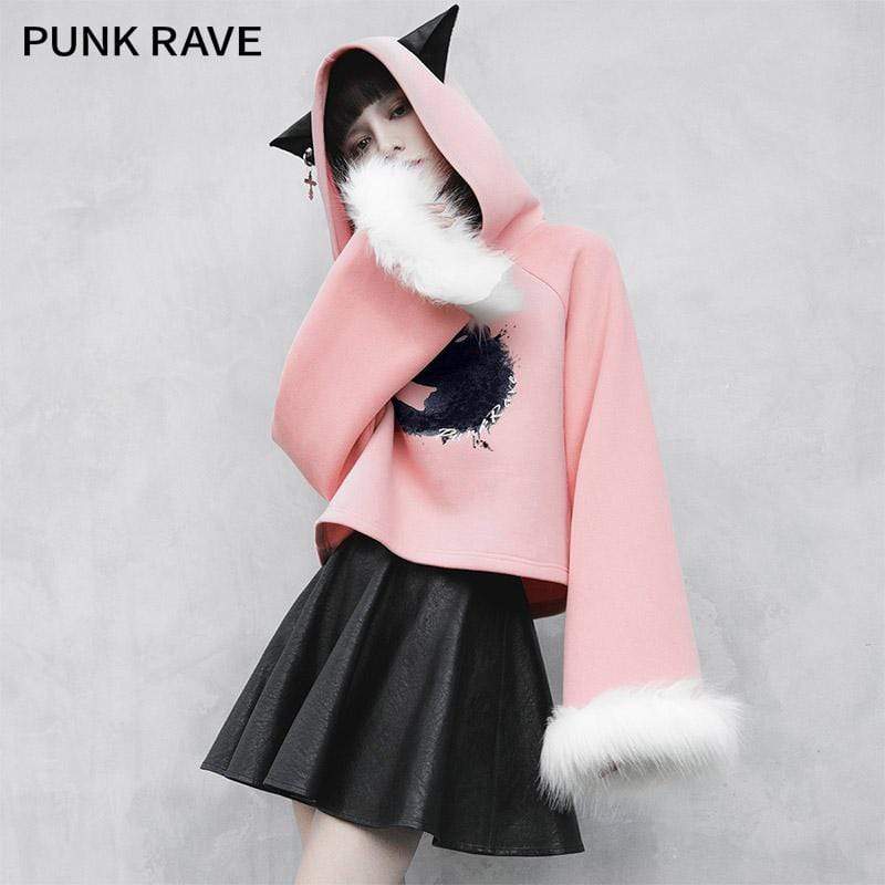 Women's Lolita Cat Printed Faux Fux Sleeved Sweaters With Cat Ears Hood