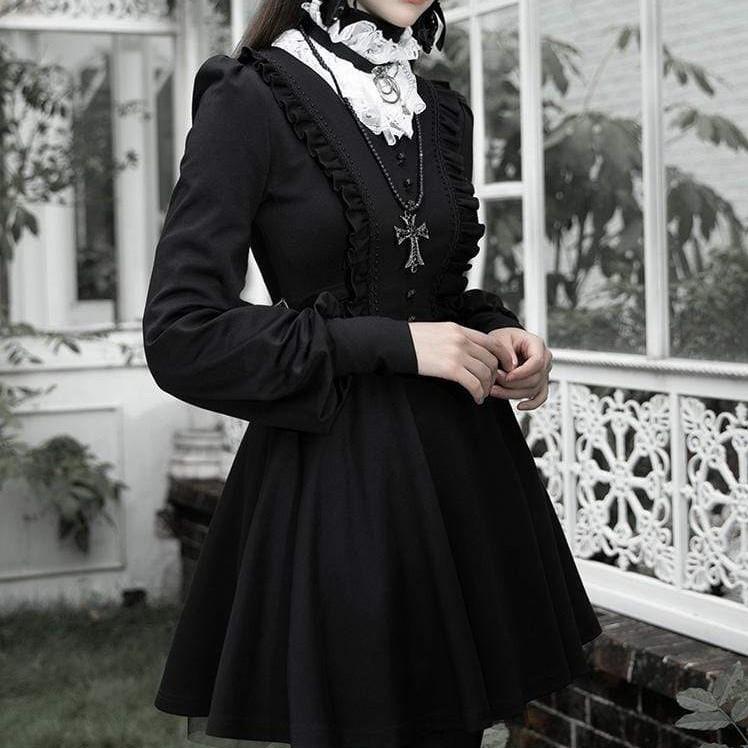 Women's Lolita Vintage Bubble Sleeved Buttons Ruffled Dresses