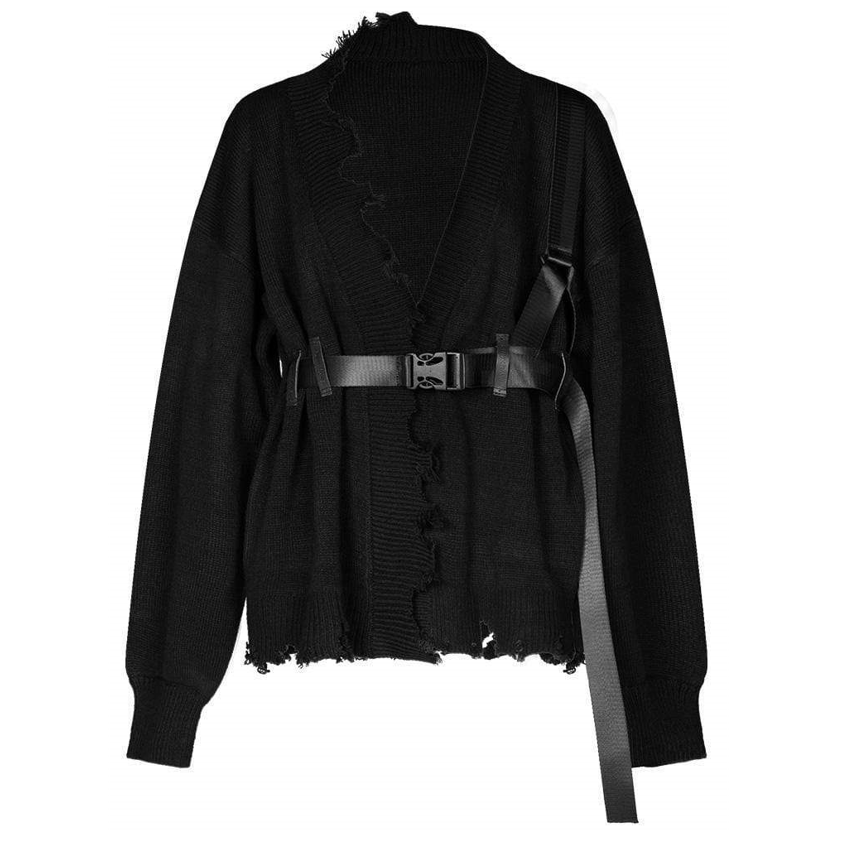 Women's Long Sleeved Ripped Casual Cardigans With Belt