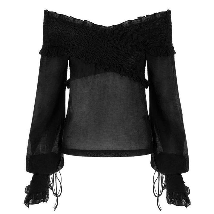 Women's Off Shoulder Lace-up Bubble Sleeved Sheer Tops