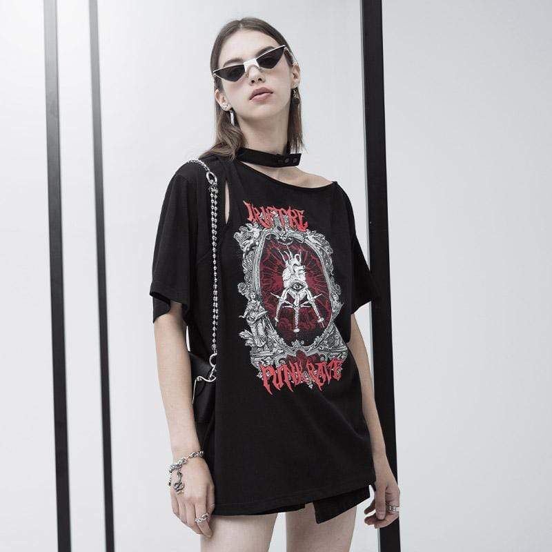 Women's Grunge Punk Rave Printed Halterneck Slash Shoulder Casual Long Tees