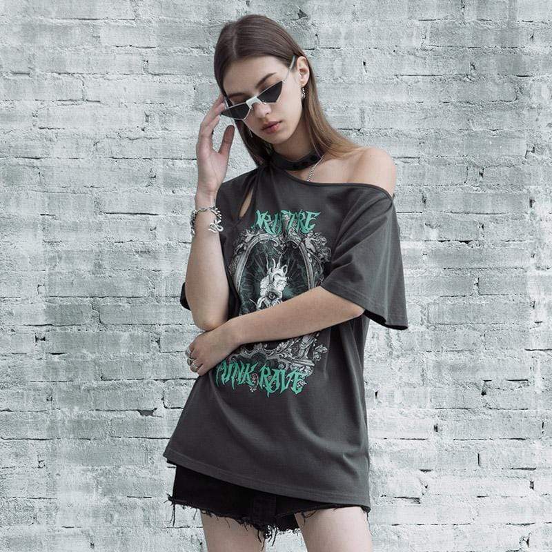Women's Grunge Punk Rave Printed Halterneck Slash Shoulder Casual Long Tees
