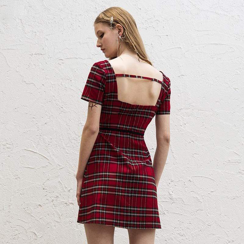 Women's Grunge Square Collar Backless Red Plaid Dresses